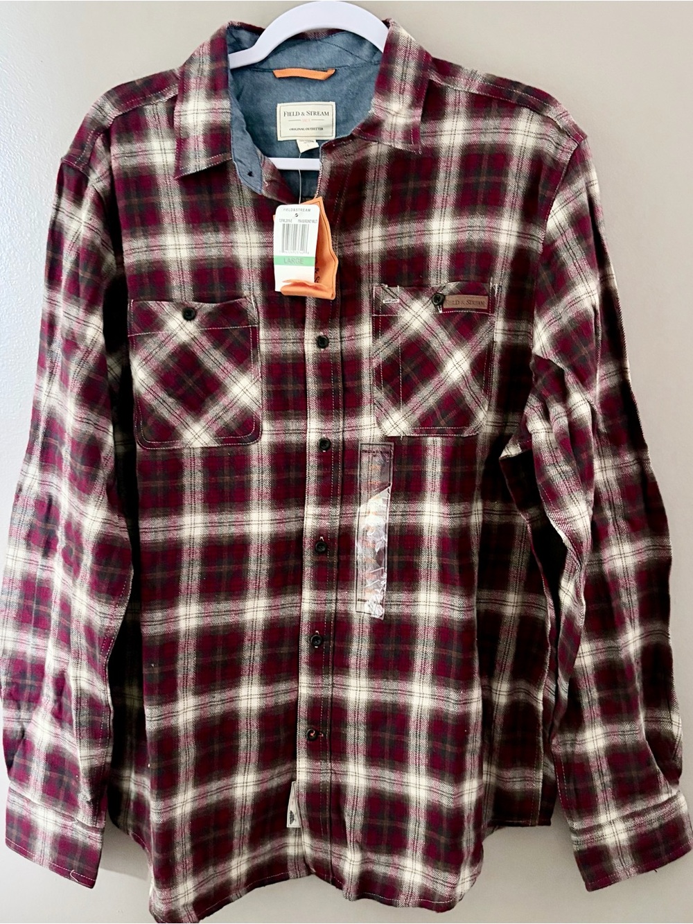 Field & Stream Mens Flannel Shirt Long Sleeve Plaid Burgundy Large NWT